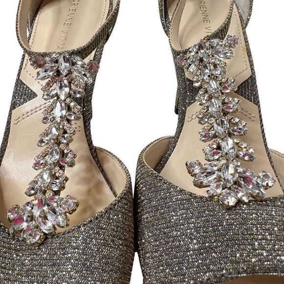Adrienne Vittadini Gina gold glitter T strap open toe high heels size 7 - Picture 9 of 16